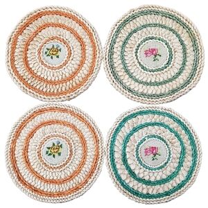 1980s Woven Rattan and Needlepoint Large Trivets